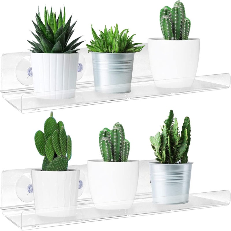 Pusonor 2 Pack Suction Cup Window Shelf for Plants 16 Inches, Clear Acrylic Indoor Plant Shelf Window Ledge Garden Sill Extender for Micro Greens, Seed Starter Pots, Herb Planters - Image 1
